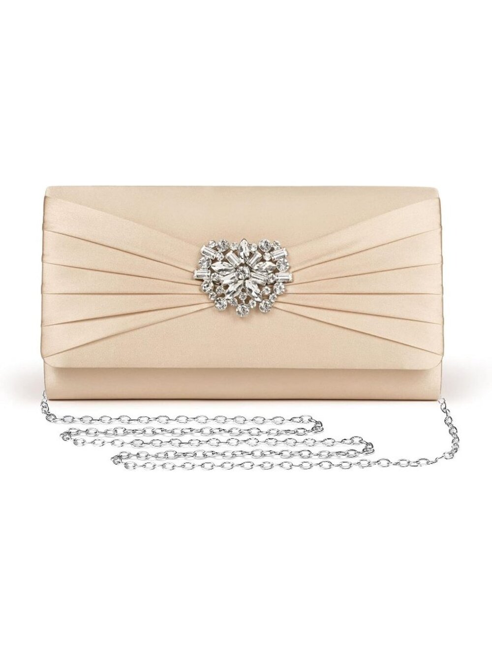 Womens Gold Satin Rhinestone Clutch Prom Detachable Chain Evening Bag